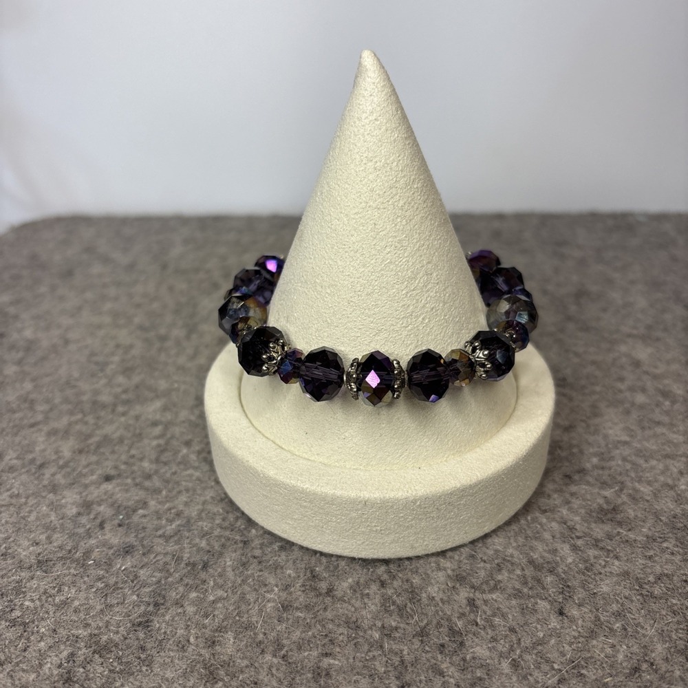 Purple Faceted Glass Bead Bracelet Heart Toggle Key Charm Silver Tone